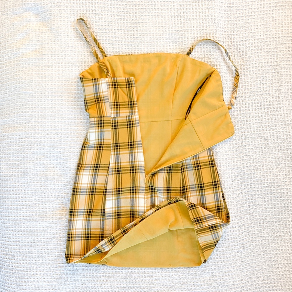 🌻 Clueless inspired Forever 21 yellow plaid strap mini pencil dress. Size Small - Picture 3 of 5
